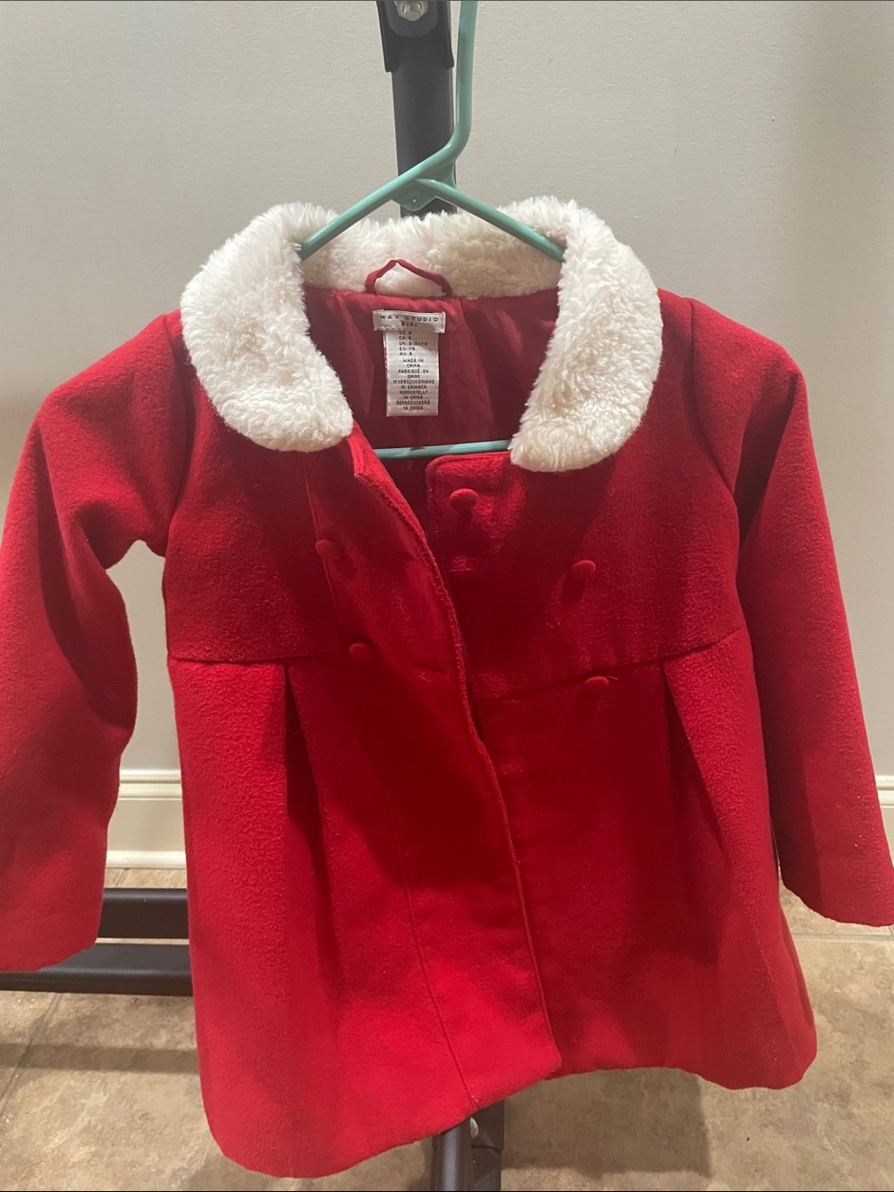 Max Studio Red Coat with White Faux-Fur Collar